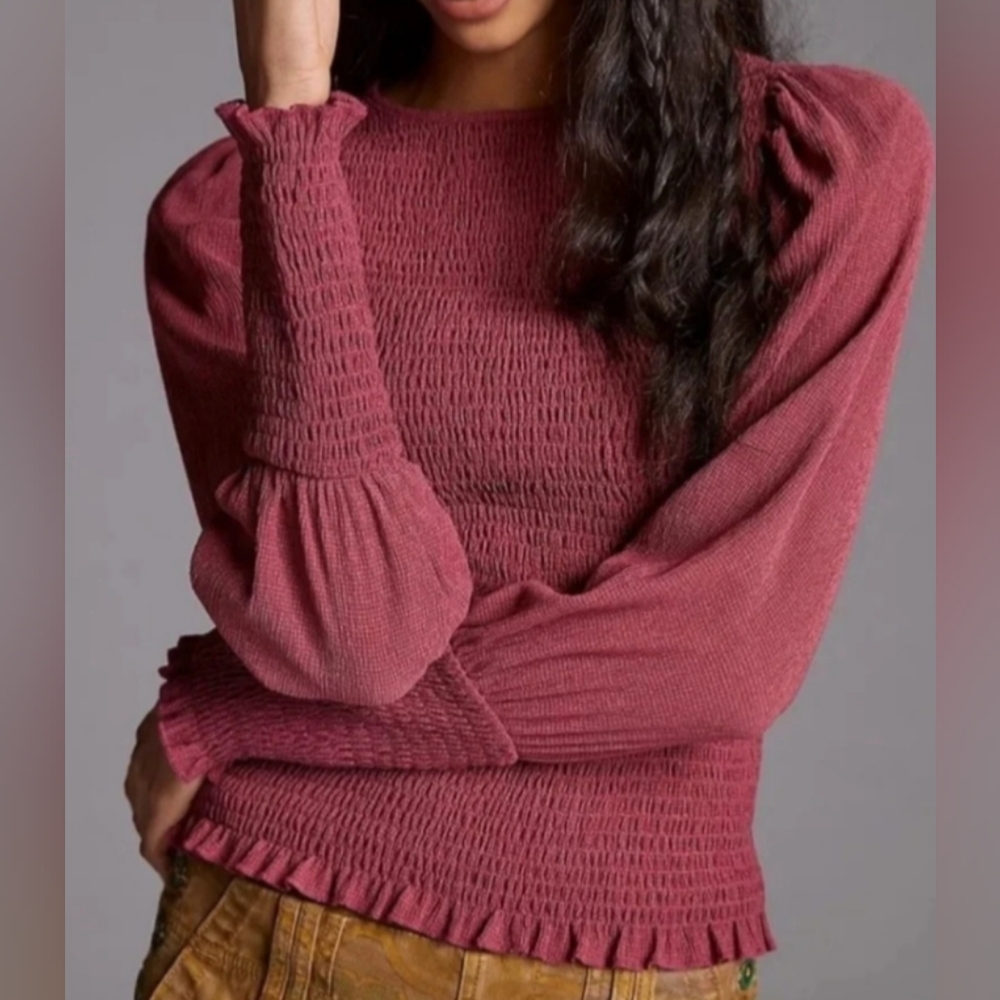 Anthropologie Smocked Puff-Sleeve Women's Mauve Top L